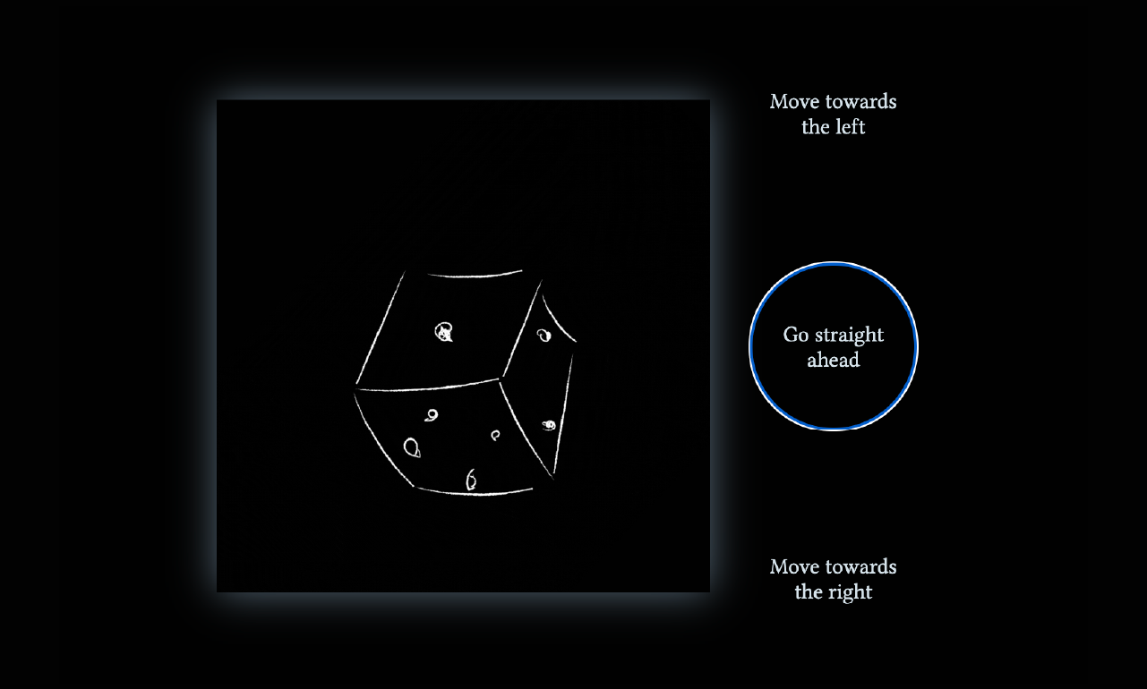 a screenshot from the adventure game, showing a chalk like drawing of a dice rolling next to text options.