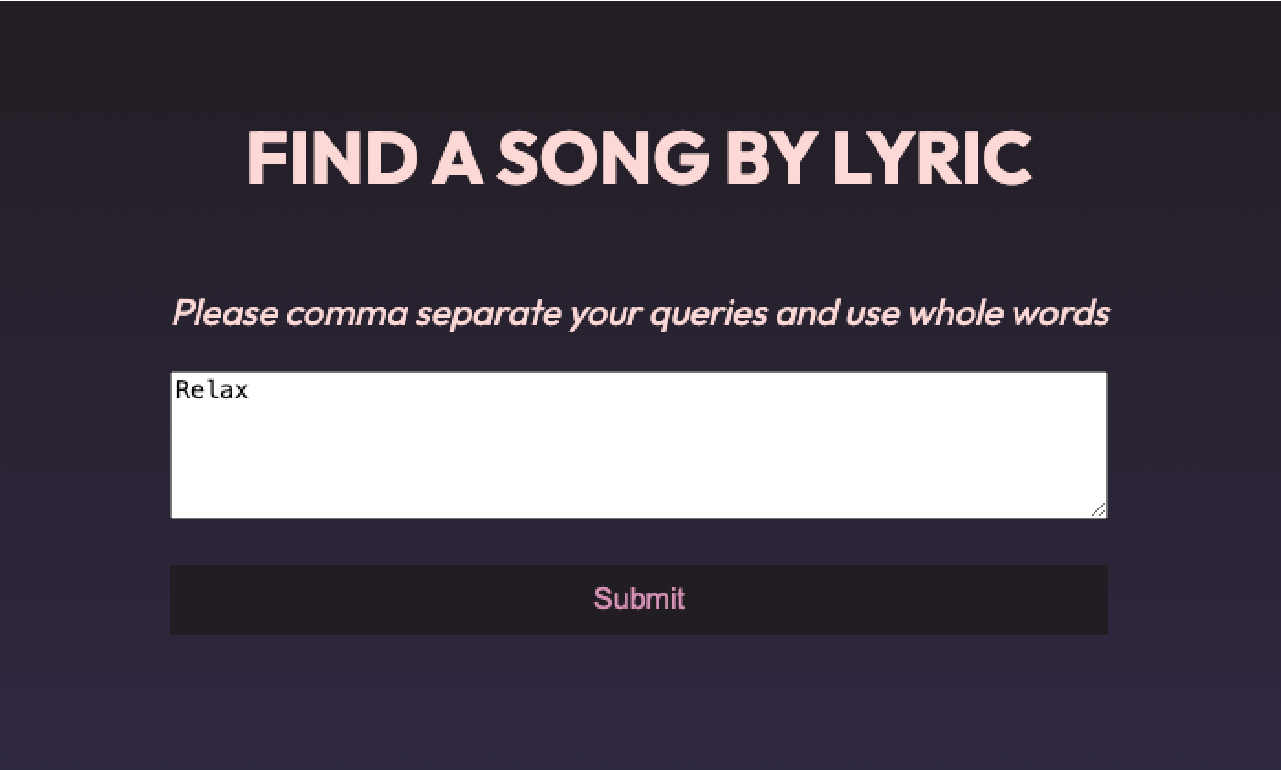 a screenshot from the full stack lyric search engine, showing title and a simple search bar.