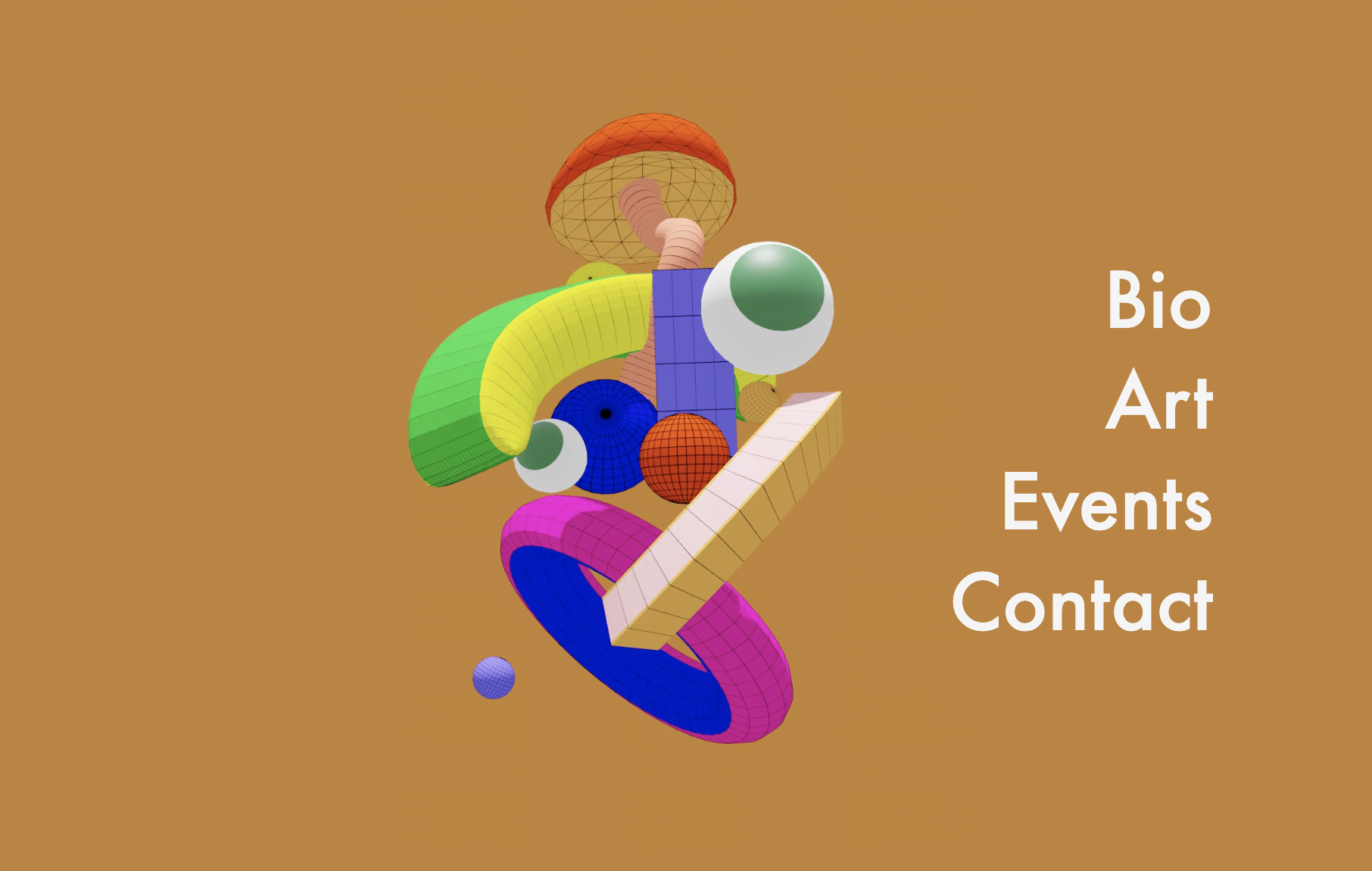 a screenshot from the mini site for Mob Earman, my artist alter-ego. Shows primary coloured 3d shapes in a pop-art abstract arrangement.