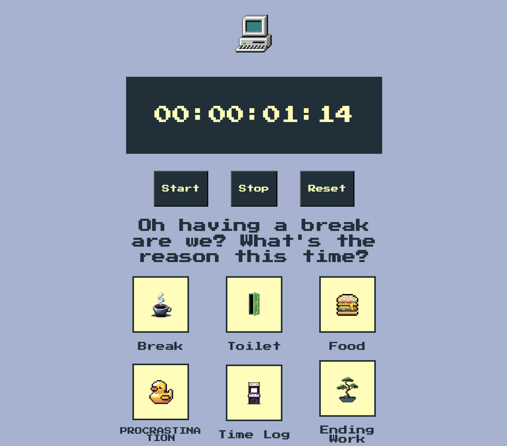 a screenshot from the dynamic work timer, showing a menu with pixel retro images on them and a timer above.